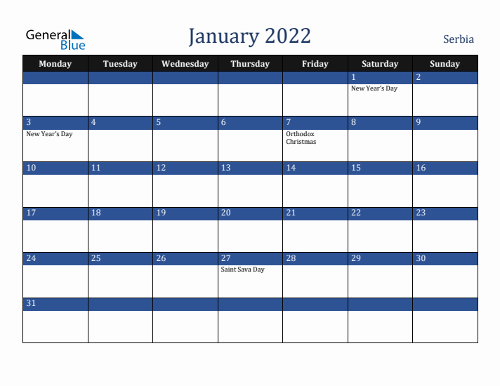 January 2022 Serbia Calendar (Monday Start)