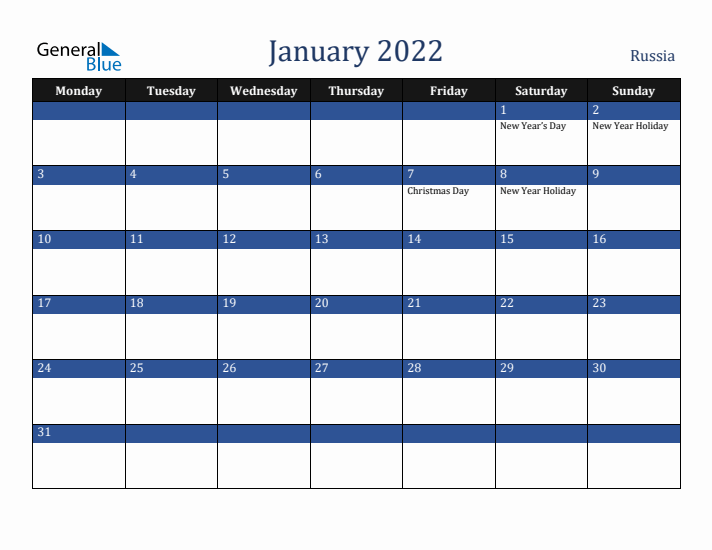 January 2022 Russia Calendar (Monday Start)