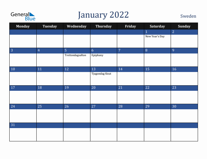 January 2022 Sweden Calendar (Monday Start)