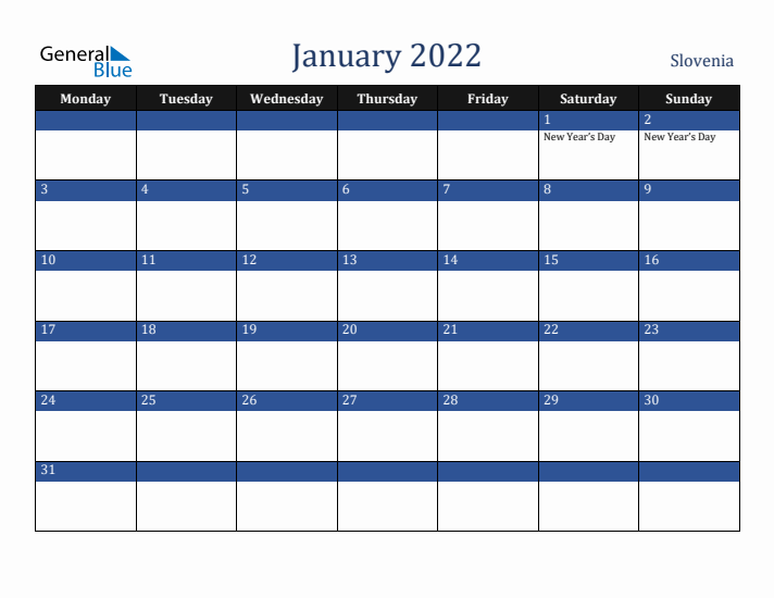 January 2022 Slovenia Calendar (Monday Start)