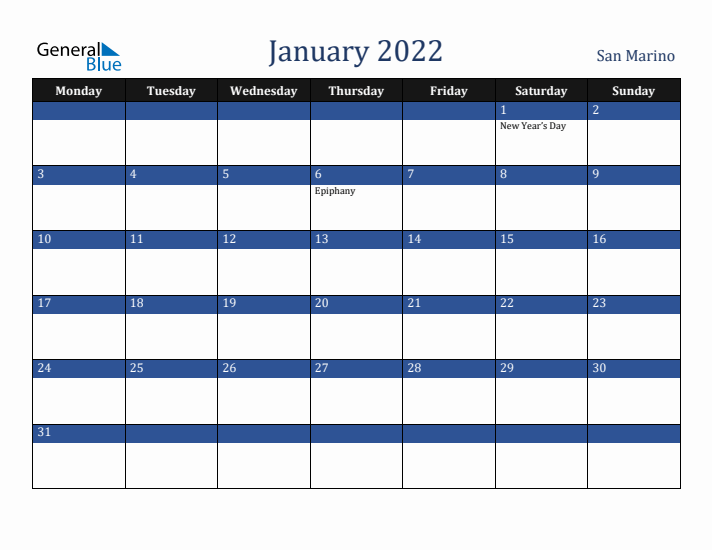January 2022 San Marino Calendar (Monday Start)