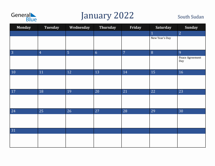 January 2022 South Sudan Calendar (Monday Start)