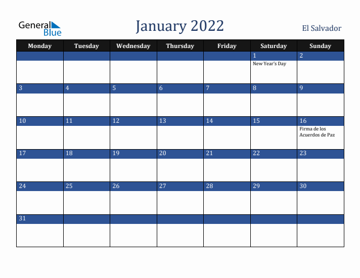 January 2022 El Salvador Calendar (Monday Start)