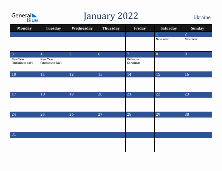 January 2022 Ukraine Calendar (Monday Start)
