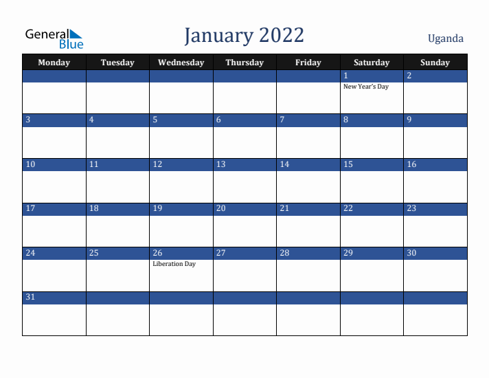 January 2022 Uganda Calendar (Monday Start)
