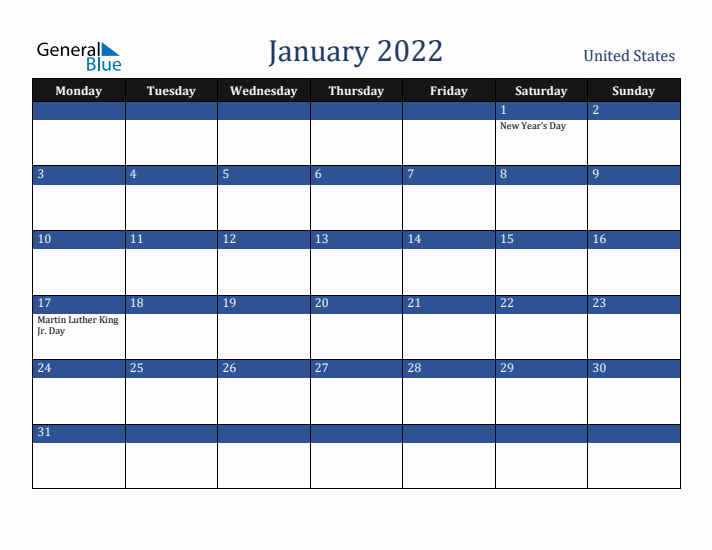 January 2022 United States Calendar (Monday Start)