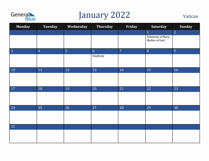 January 2022 Vatican Calendar (Monday Start)