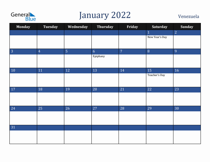 January 2022 Venezuela Calendar (Monday Start)