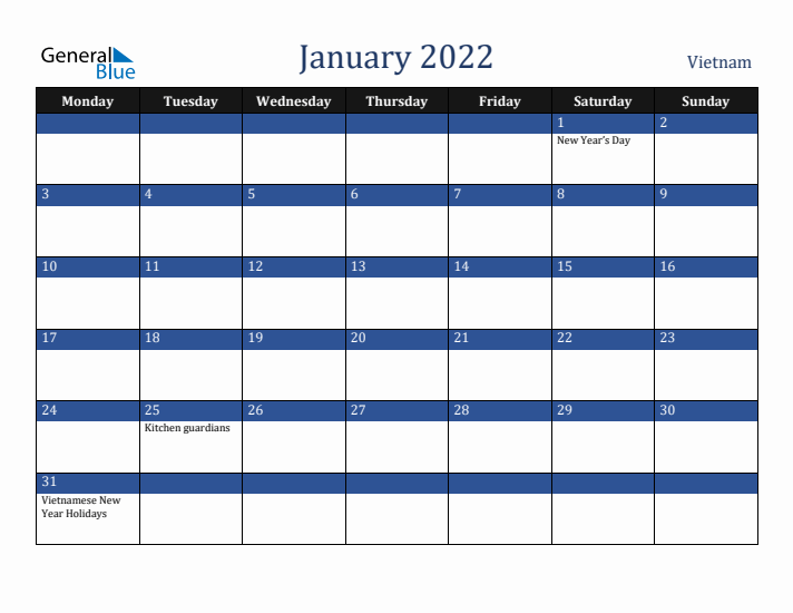 January 2022 Vietnam Calendar (Monday Start)