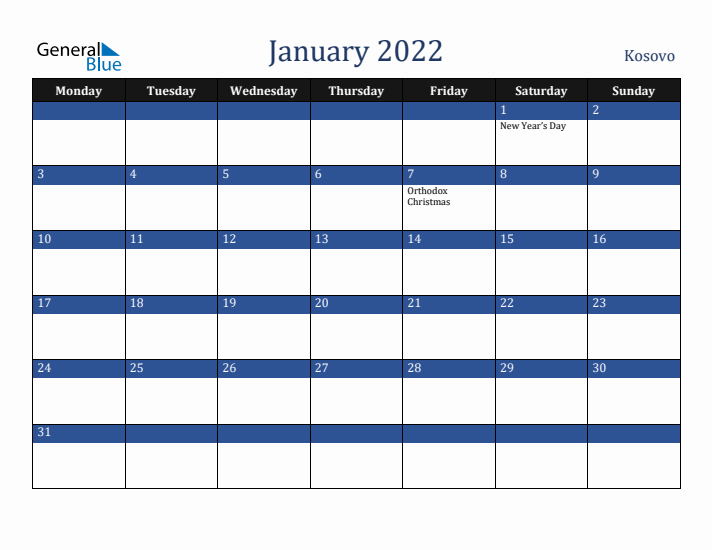 January 2022 Kosovo Calendar (Monday Start)