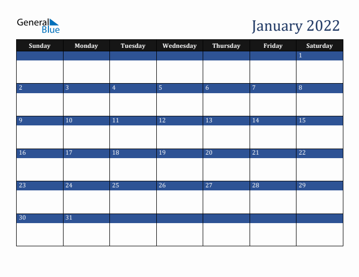 Sunday Start Calendar for January 2022