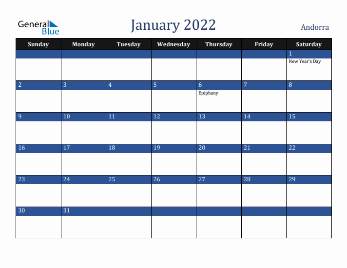 January 2022 Andorra Calendar (Sunday Start)