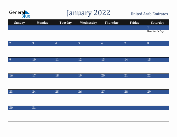 January 2022 United Arab Emirates Calendar (Sunday Start)
