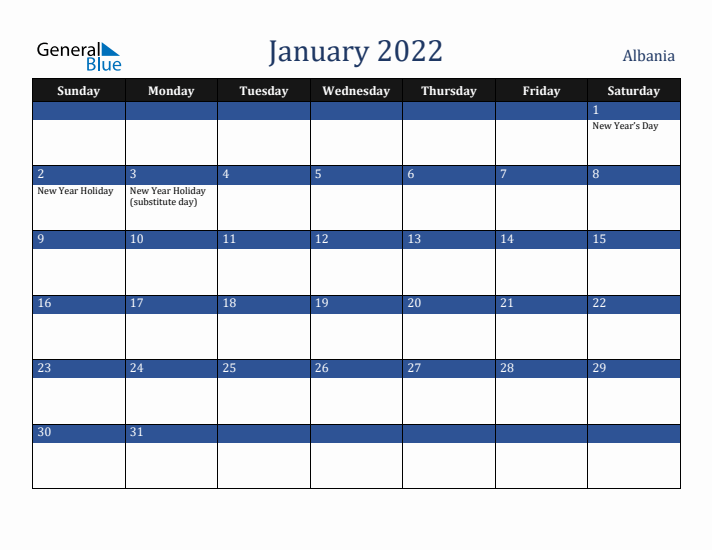 January 2022 Albania Calendar (Sunday Start)