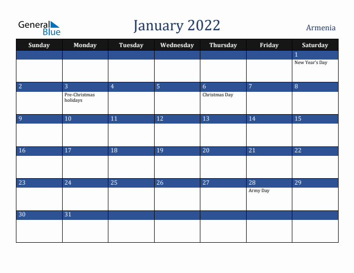 January 2022 Armenia Calendar (Sunday Start)
