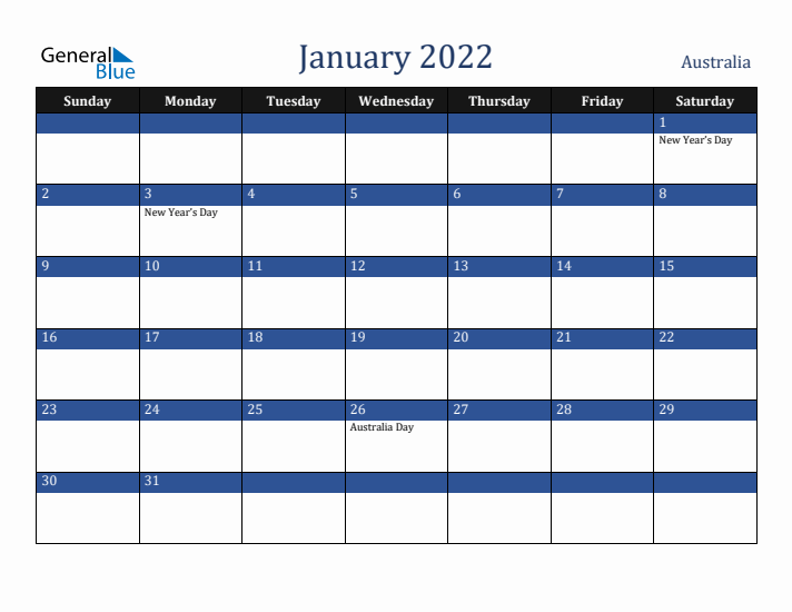 January 2022 Australia Calendar (Sunday Start)