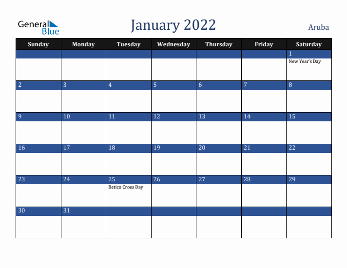 January 2022 Aruba Calendar (Sunday Start)