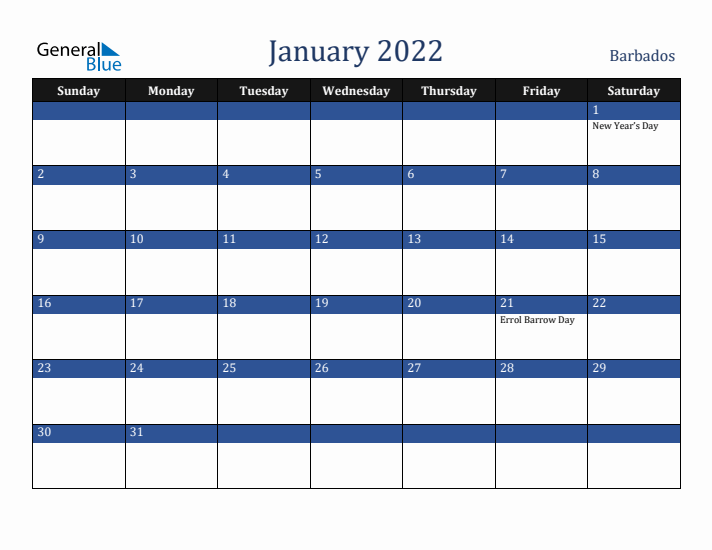 January 2022 Barbados Calendar (Sunday Start)