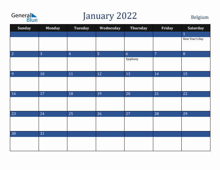 January 2022 Belgium Calendar (Sunday Start)