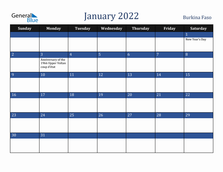 January 2022 Burkina Faso Calendar (Sunday Start)
