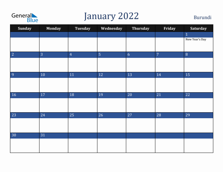January 2022 Burundi Calendar (Sunday Start)