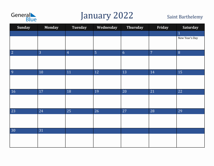 January 2022 Saint Barthelemy Calendar (Sunday Start)