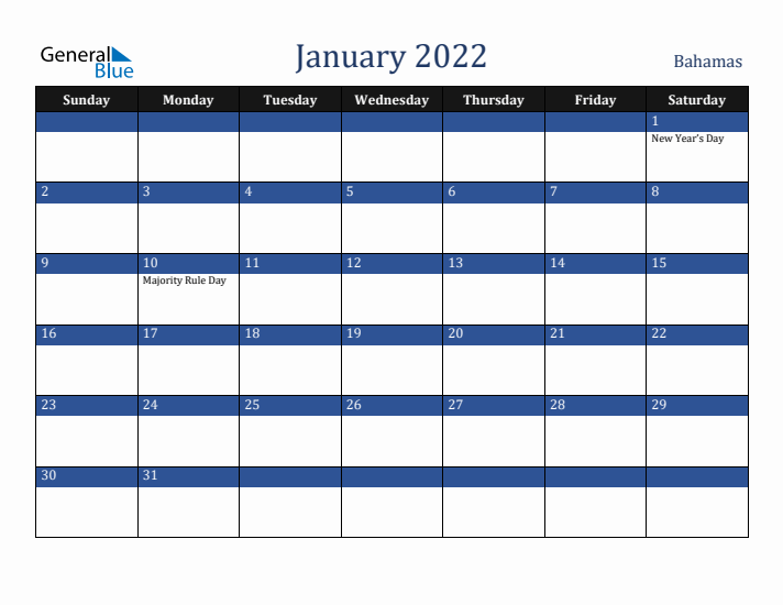 January 2022 Bahamas Calendar (Sunday Start)
