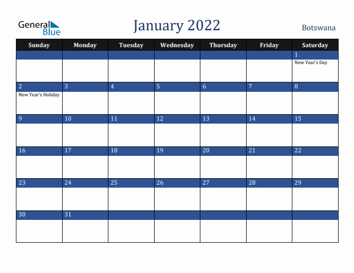 January 2022 Botswana Calendar (Sunday Start)