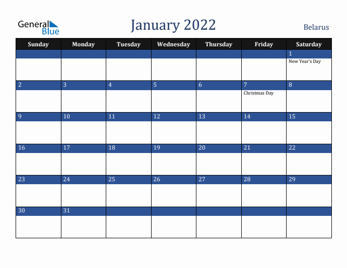 January 2022 Belarus Calendar (Sunday Start)