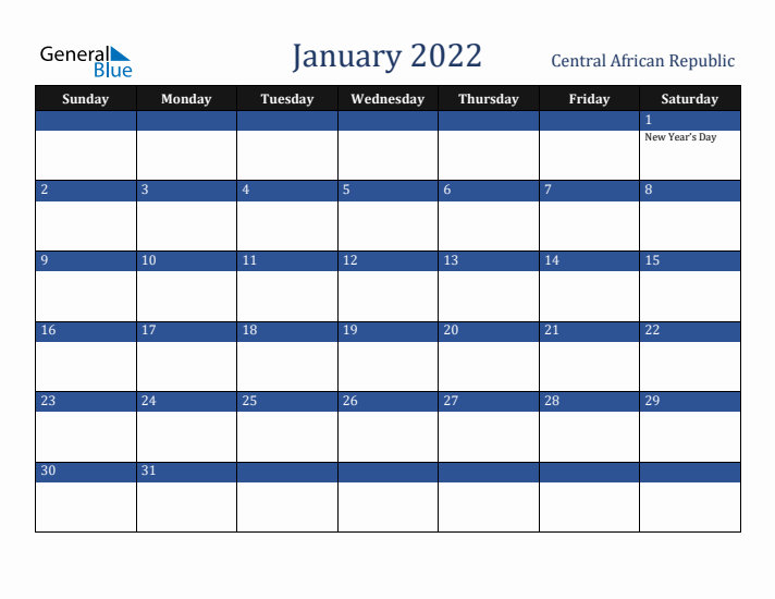 January 2022 Central African Republic Calendar (Sunday Start)