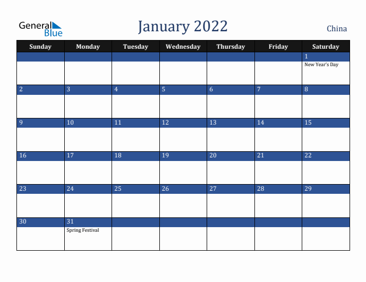 January 2022 China Calendar (Sunday Start)