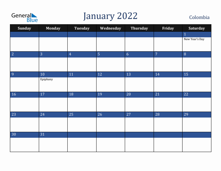 January 2022 Colombia Calendar (Sunday Start)