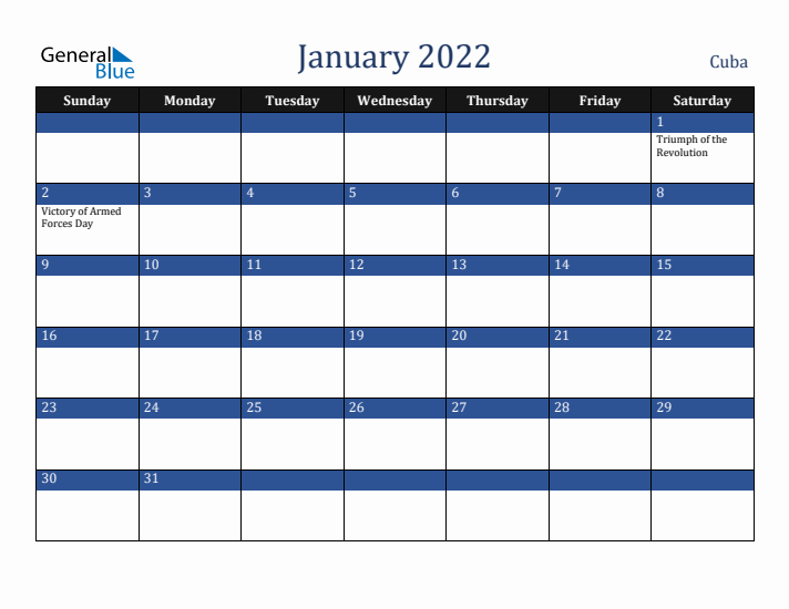 January 2022 Cuba Calendar (Sunday Start)