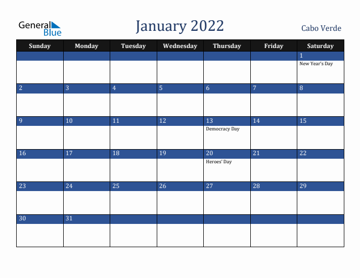 January 2022 Cabo Verde Calendar (Sunday Start)