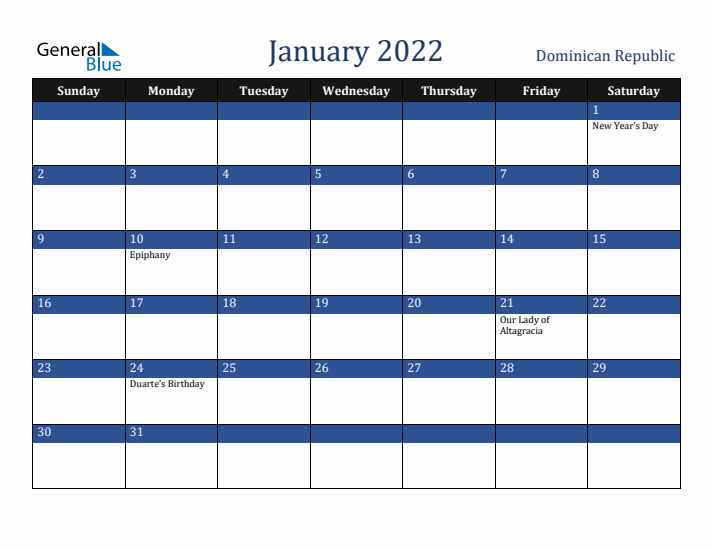January 2022 Dominican Republic Calendar (Sunday Start)