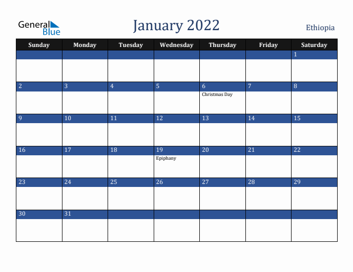 January 2022 Ethiopia Calendar (Sunday Start)
