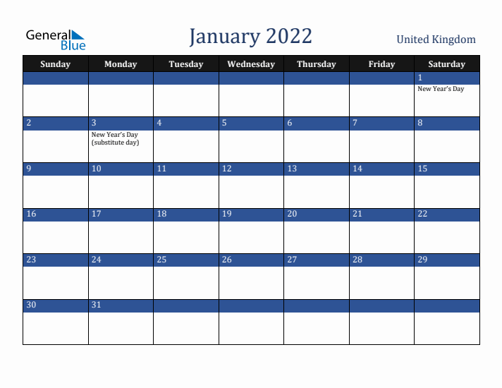 January 2022 United Kingdom Calendar (Sunday Start)