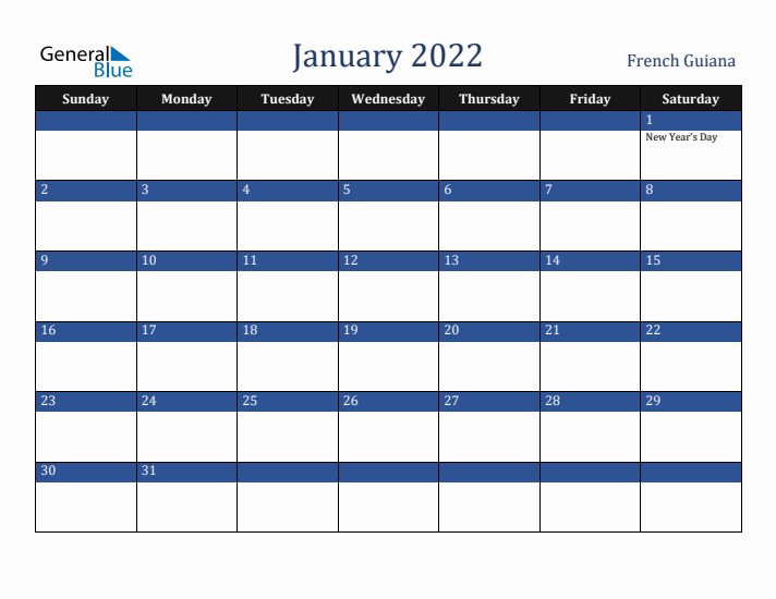 January 2022 French Guiana Calendar (Sunday Start)