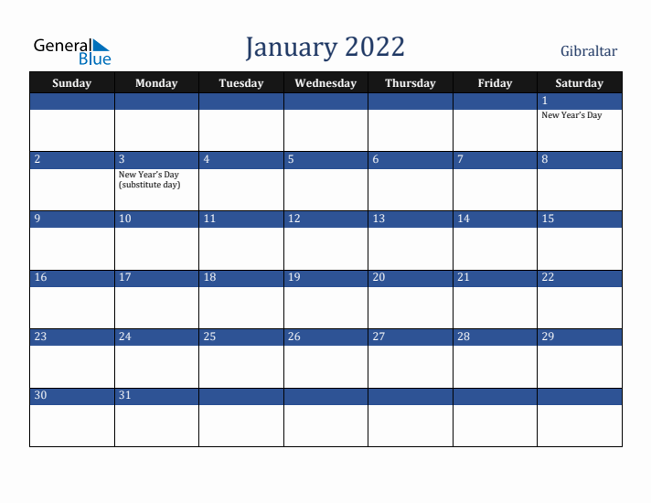 January 2022 Gibraltar Calendar (Sunday Start)