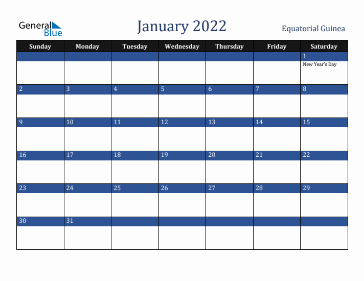 January 2022 Equatorial Guinea Calendar (Sunday Start)
