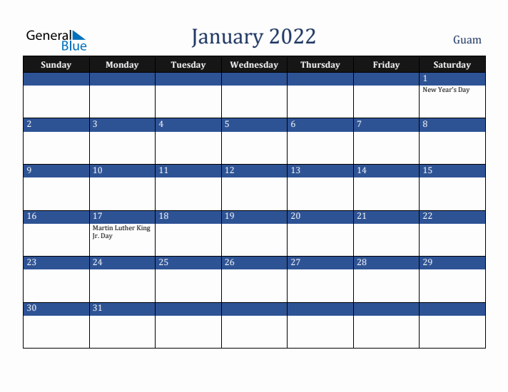 January 2022 Guam Calendar (Sunday Start)