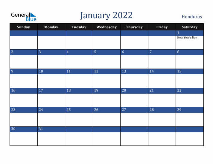 January 2022 Honduras Calendar (Sunday Start)