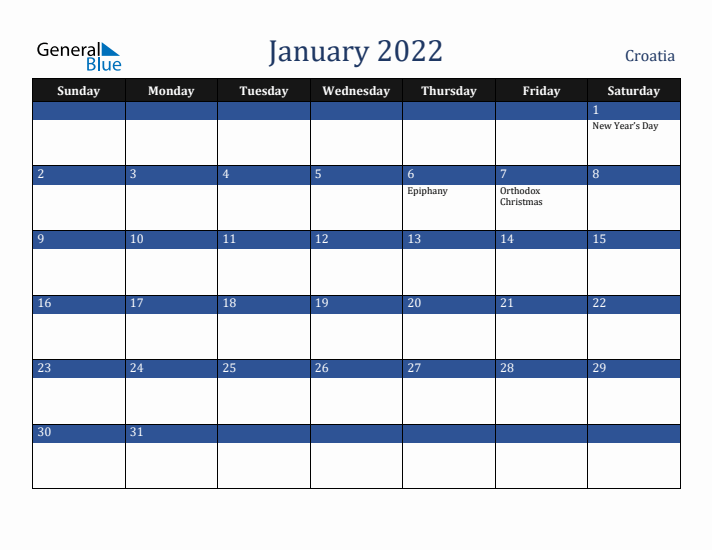 January 2022 Croatia Calendar (Sunday Start)