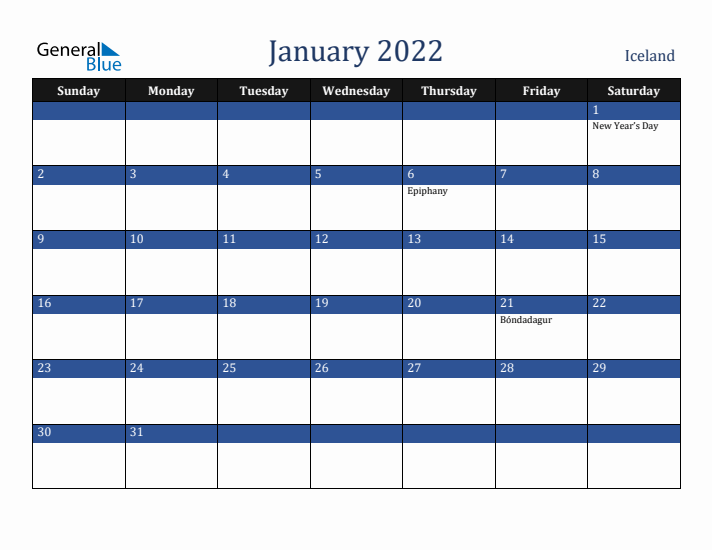 January 2022 Iceland Calendar (Sunday Start)