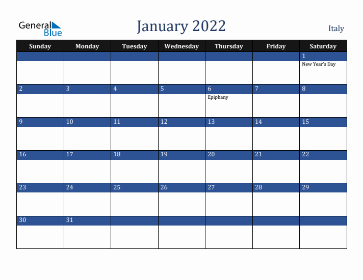 January 2022 Italy Calendar (Sunday Start)