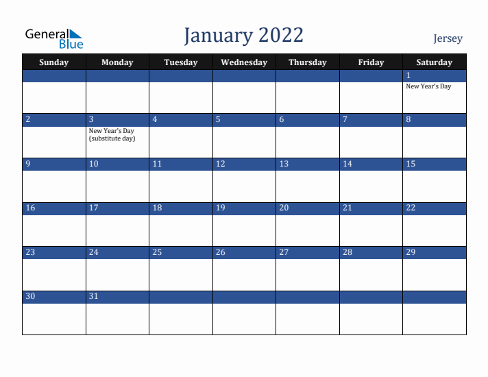 January 2022 Jersey Calendar (Sunday Start)