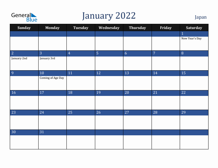 January 2022 Japan Calendar (Sunday Start)