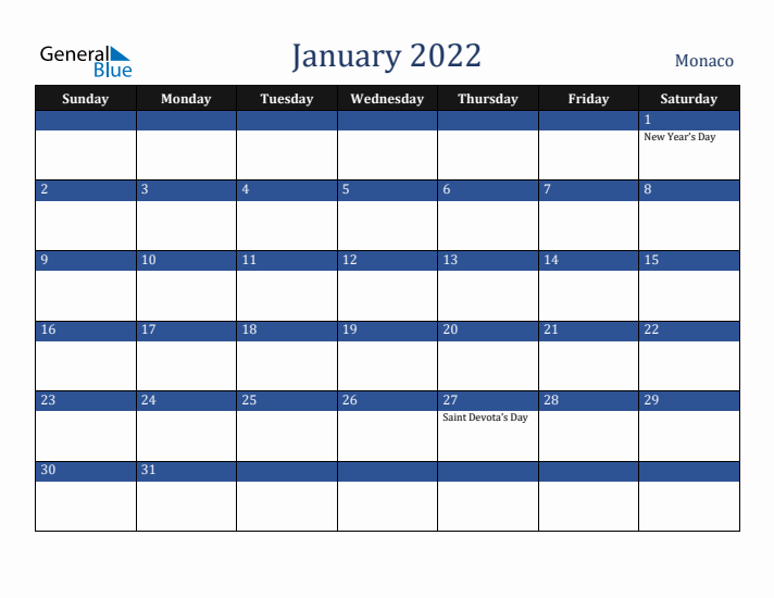 January 2022 Monaco Calendar (Sunday Start)