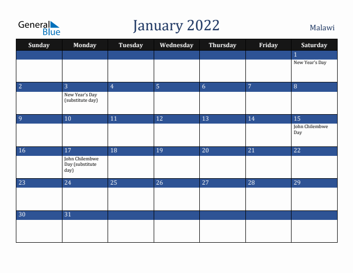 January 2022 Malawi Calendar (Sunday Start)