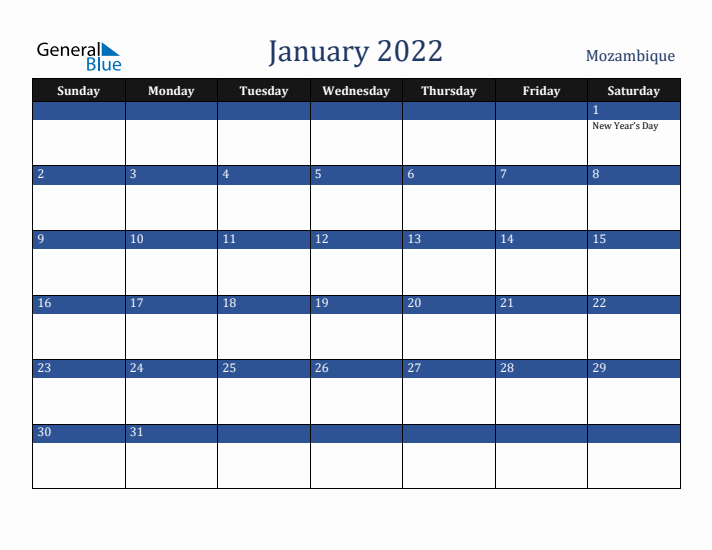 January 2022 Mozambique Calendar (Sunday Start)